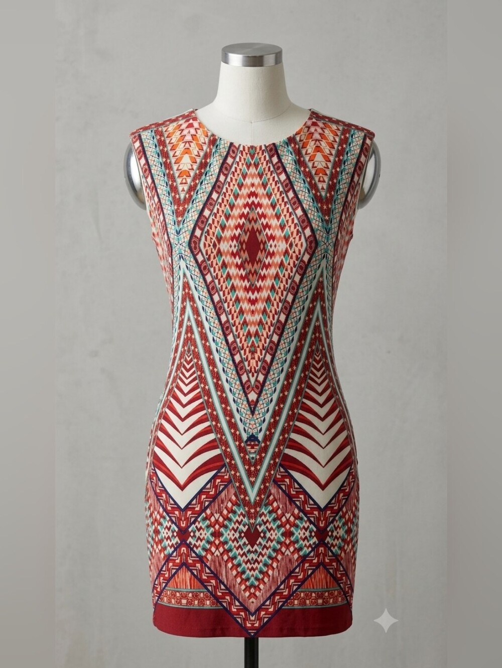 Sleeveless Red Geometric Print Sheath Dress